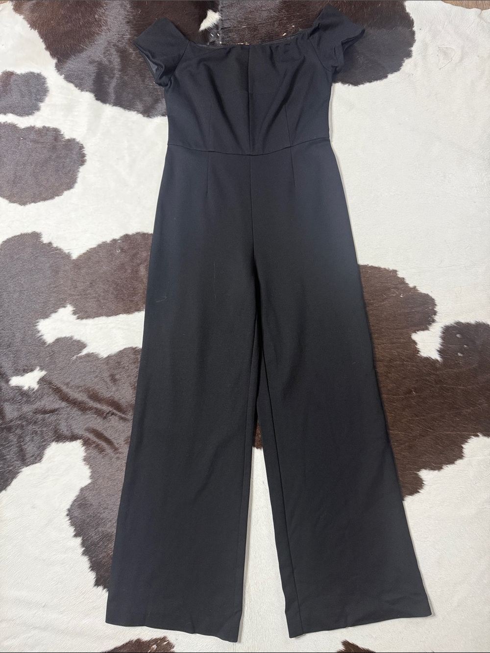 Trina Turk Black Off-Shoulder Wide-Leg Jumpsuit with Ruffle Sleeves